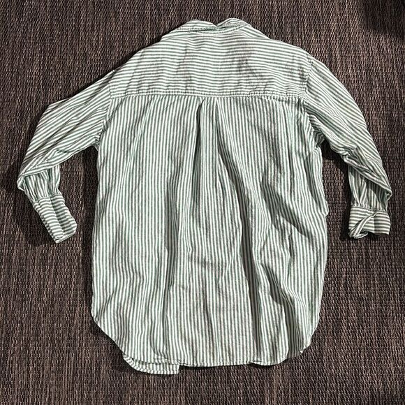 H&M linen blend shirt green striped - Picture 2 of 9